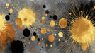 Abstract wallpaper pattern with radiant metallic gold paint splatters and ink blots on a moody dark charcoal wash background