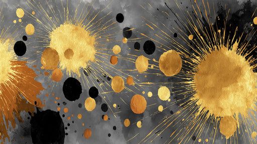 Abstract wallpaper pattern with radiant metallic gold paint splatters and ink blots on a moody dark charcoal wash background