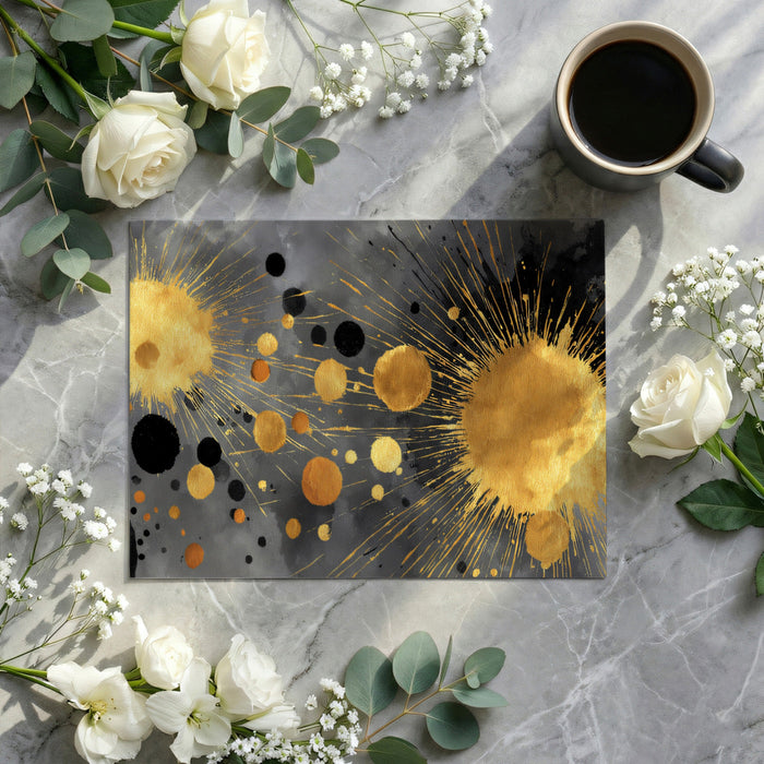 Sophisticated home office space with abstract metallic gold and ink splatter wallpaper on the back wall