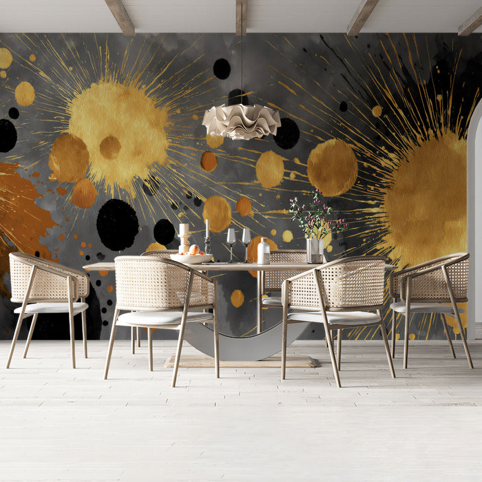 Luxury hotel lounge area with an accent wall of dramatic gold and charcoal abstract artistic wallpaper