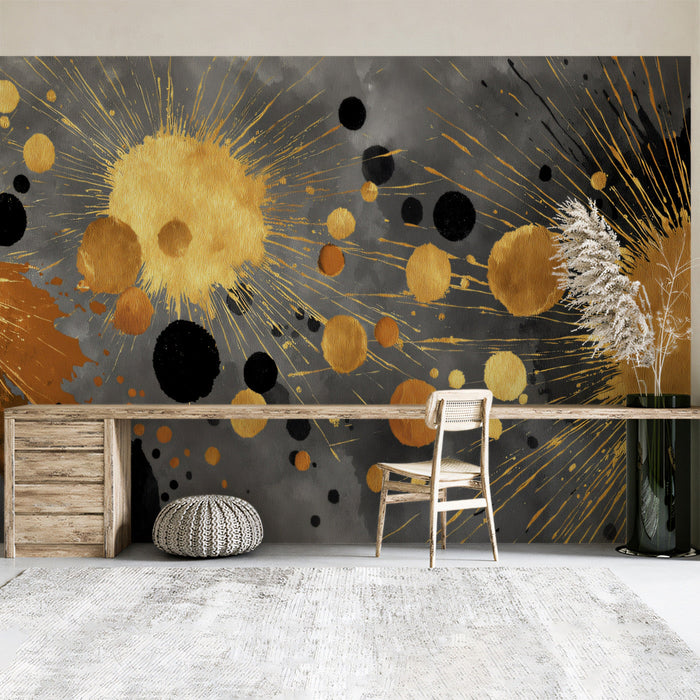 Modern living room featuring a bold gold and charcoal ink splatter feature wall behind a minimalist grey velvet sofa