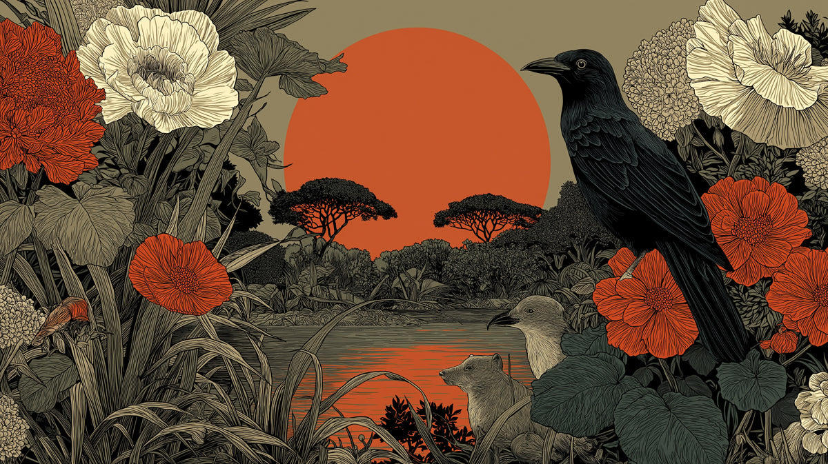 A detailed illustration of a black raven perched among oversized orange flowers and reeds with a large orange sun background