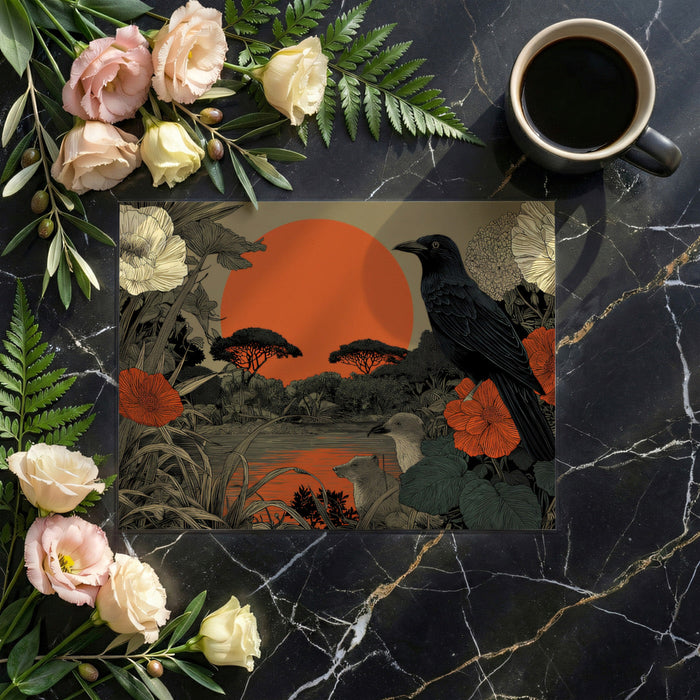 A moody home office space with the sunset-toned nature mural providing a creative backdrop for a wooden desk