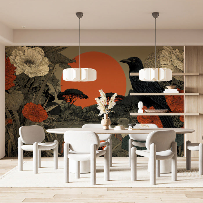 A sophisticated living room featuring the raven and botanical mural as a dramatic focal wall behind a velvet sofa