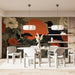 A sophisticated living room featuring the raven and botanical mural as a dramatic focal wall behind a velvet sofa
