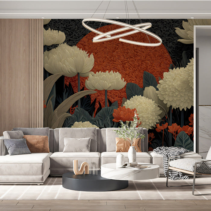 Artistic floral wall covering installed in an office space with minimalist furniture