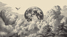 Vintage etching style wallpaper pattern featuring a detailed full moon, rolling clouds, and a flying bird on parchment background