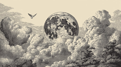 Vintage etching style wallpaper pattern featuring a detailed full moon, rolling clouds, and a flying bird on parchment background