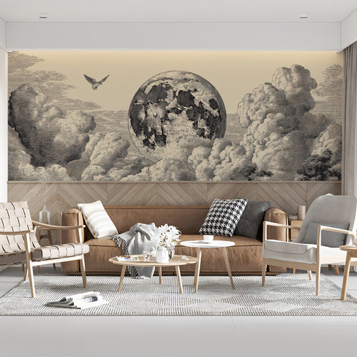 Moody home office featuring a lunar moonscape mural on the back wall behind a wooden desk
