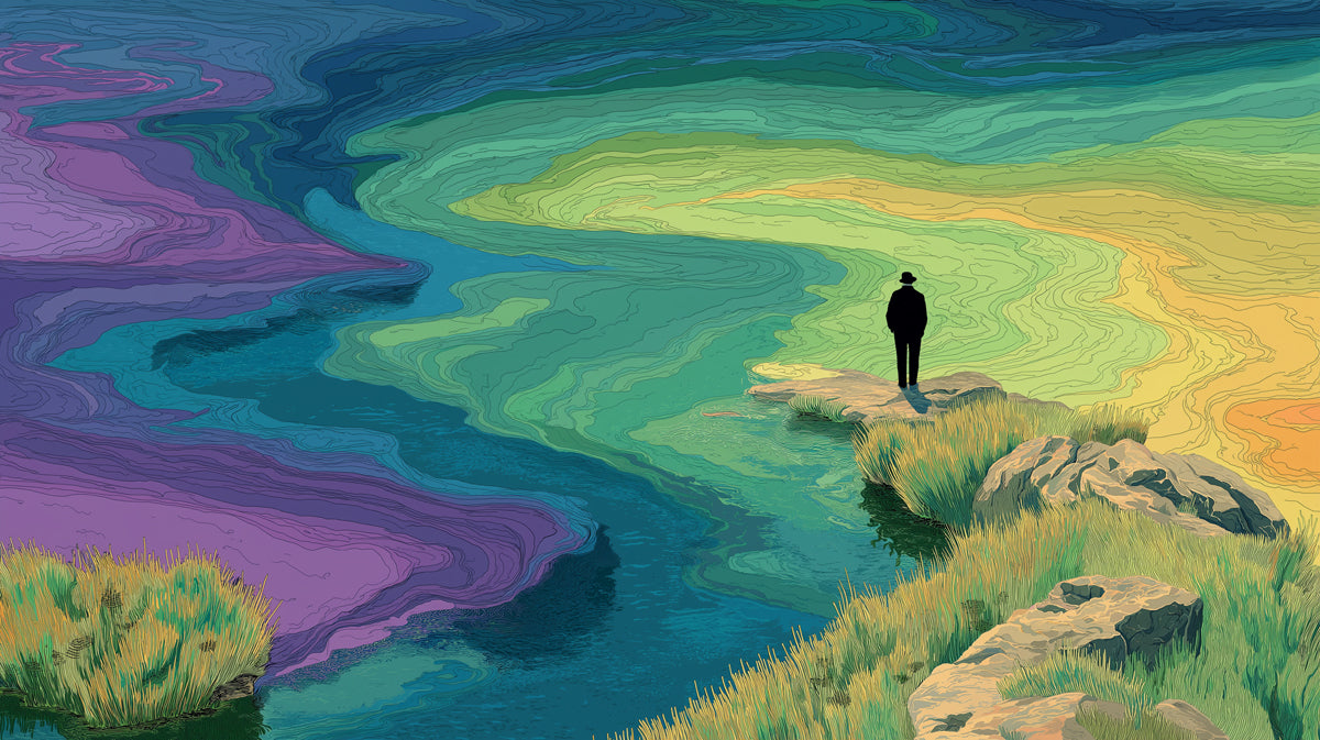 Surreal landscape mural wallpaper with a lone figure overlooking topographic ripples of blue, green, and gold.