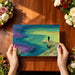 A creative home office wall showcasing the colorful, topographic mural design for inspiration.