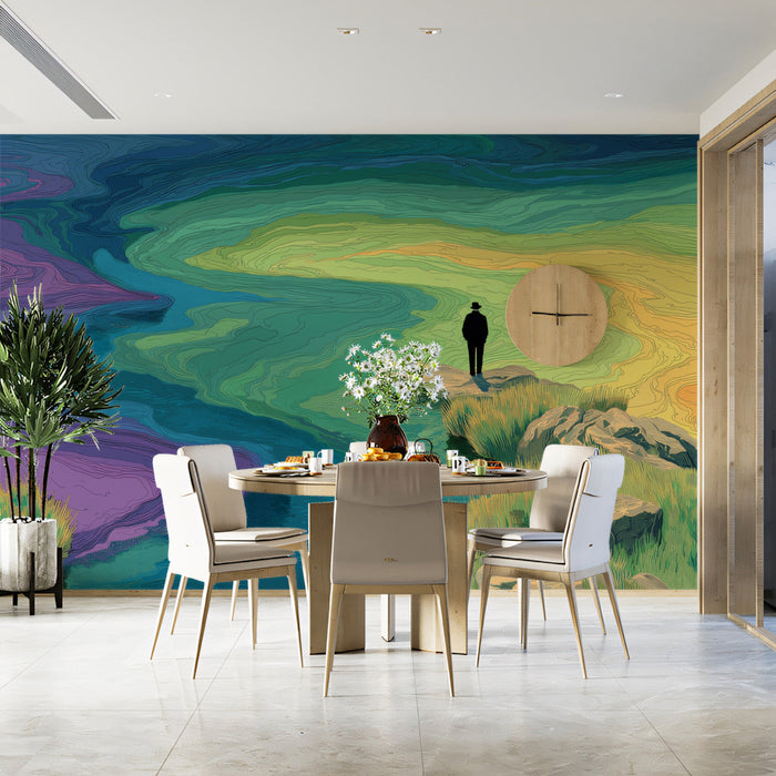 A moody, contemplative bedroom with the wandering figure landscape mural above the headboard.