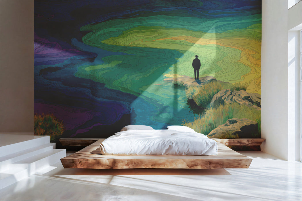 A sophisticated living room featuring the surreal landscape mural as a dramatic, artistic backdrop.
