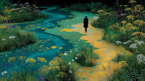 An impressionistic mural wallpaper of a lone traveler walking along a teal river through a meadow of ochre yellow wildflowers.