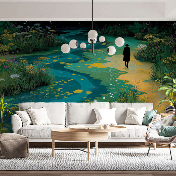 A sophisticated dining room space featuring a landscape mural with teal water and ochre wildflowers as a large-scale feature wall.