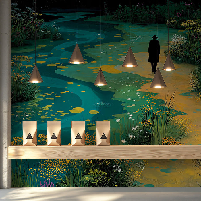 A cozy bedroom wall featuring an artistic river meadow mural that creates a quiet, reflective atmosphere.
