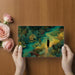 Dining room wall featuring a vibrant, painterly forest and river scene with a lone wanderer