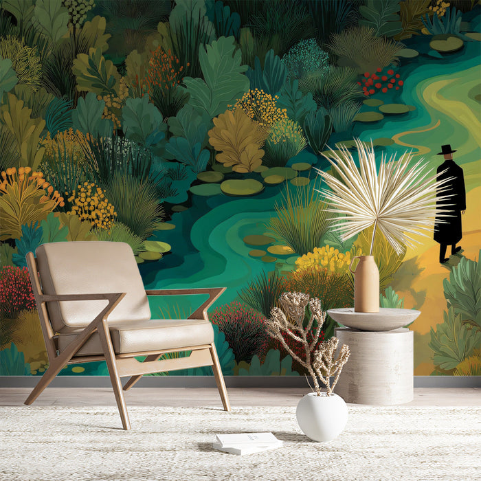 Home office wall mural with an artistic, dreamlike riverbank landscape in deep greens and yellows