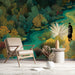 Home office wall mural with an artistic, dreamlike riverbank landscape in deep greens and yellows