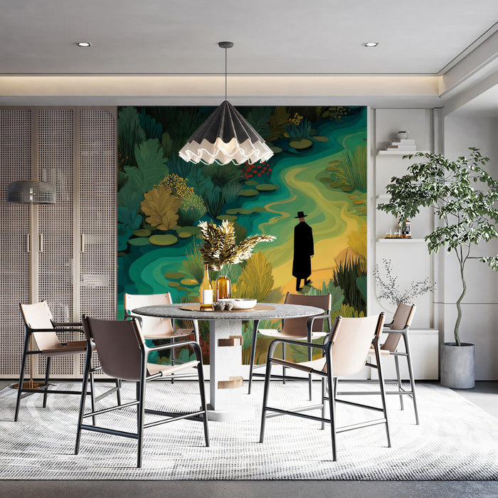 Dining room interior with a whimsical nature mural wall featuring a river and golden path