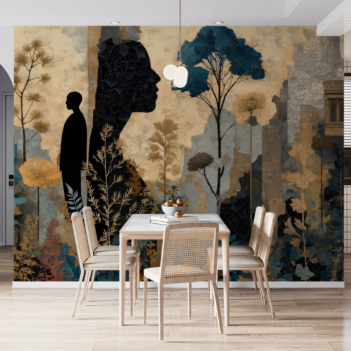Cozy library area decorated with an artistic mural of figures and nature in a muted earth-toned palette