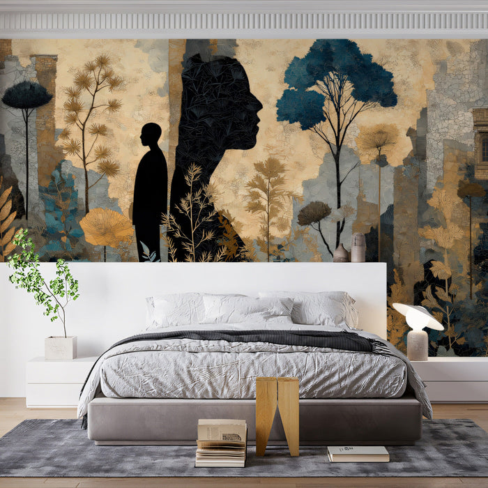 Modern bedroom featuring a thoughtful accent wall with silhouette and botanical mural wallpaper
