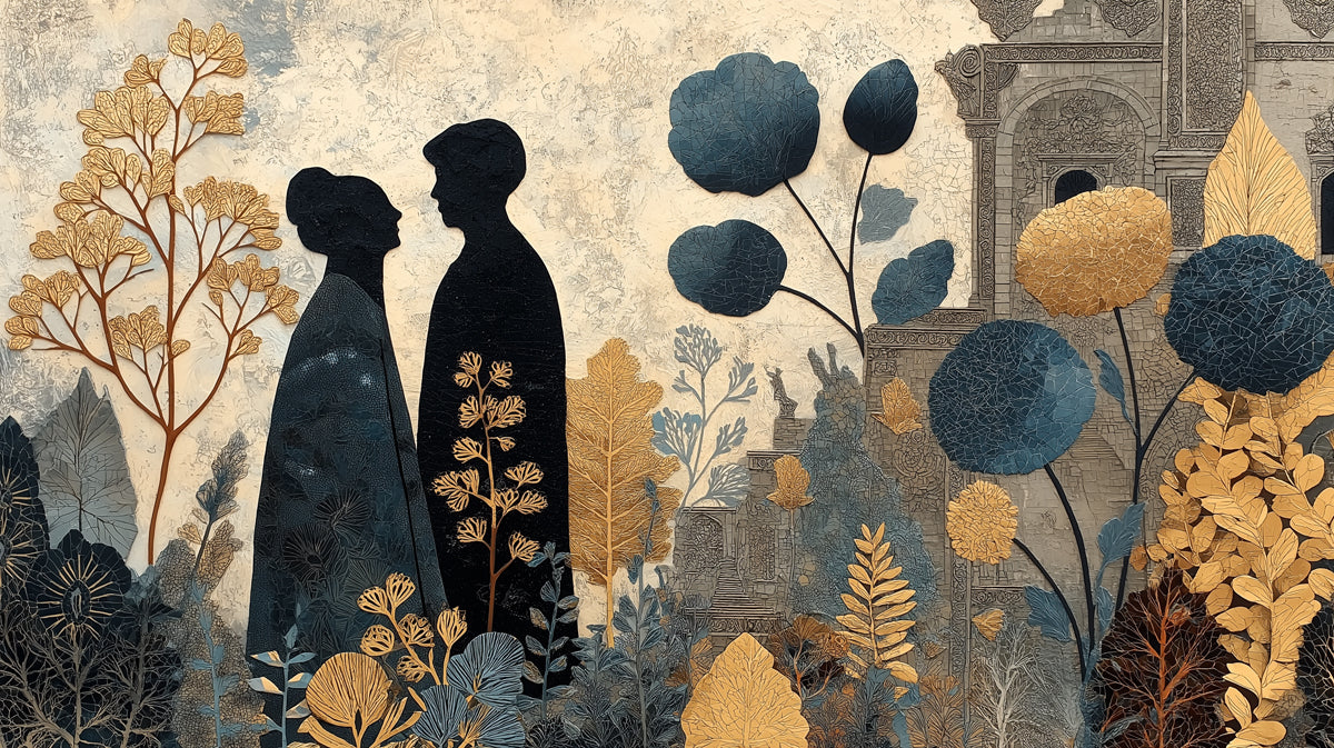 Abstract wallpaper pattern with black silhouettes, ochre gold botanical motifs, and slate blue floral shapes on a plaster background
