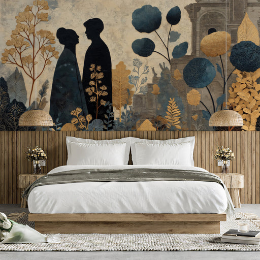 Elegant home study or library with the silhouette garden wallpaper providing a cultured, artistic backdrop