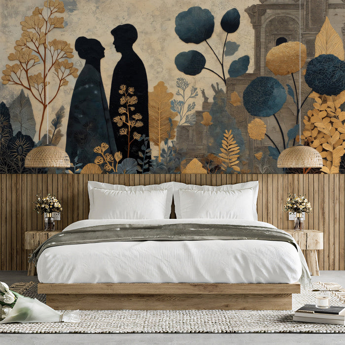 Elegant home study or library with the silhouette garden wallpaper providing a cultured, artistic backdrop