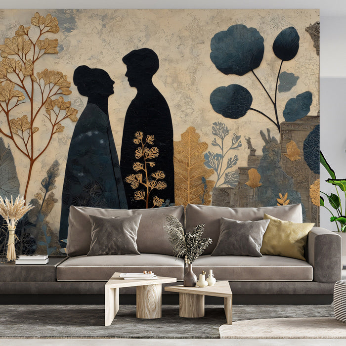 Sophisticated living room with a feature wall showcasing the gold and slate silhouette garden mural