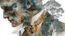 Abstract wallpaper pattern featuring a double exposure portrait with forest leaves, trees, and golden ochre textures.
