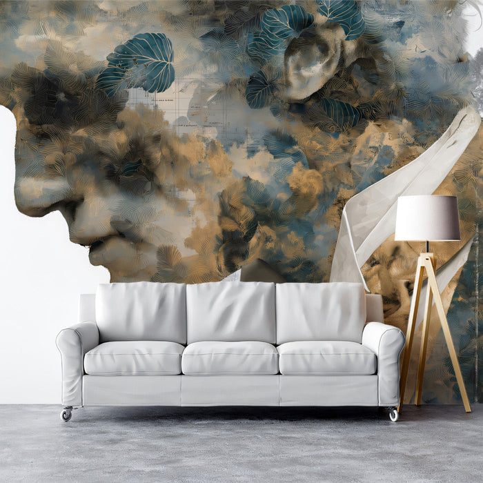 Contemporary library room with the ink wash style forest mural creating a calm, intellectual atmosphere.