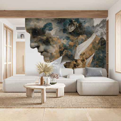 A sophisticated home office featuring the dual exposure nature mural on a main accent wall behind a wooden desk.