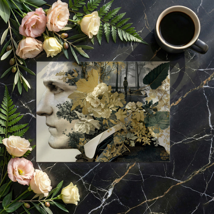 A moody bedroom feature wall showcasing a sophisticated portrait and nature themed mural.