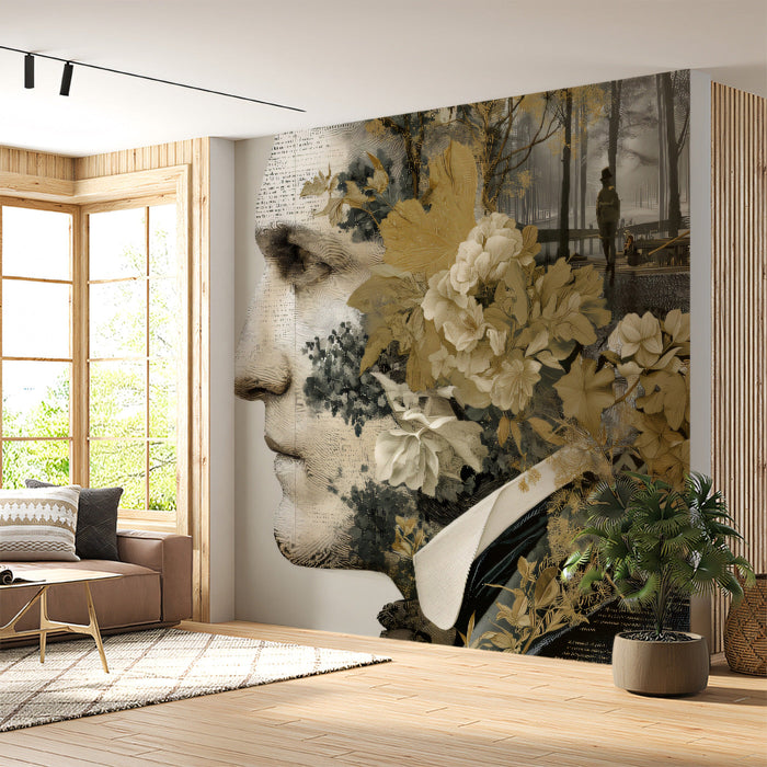 A creative home office wall featuring a detailed, artistic portrait mural in earthy tones.
