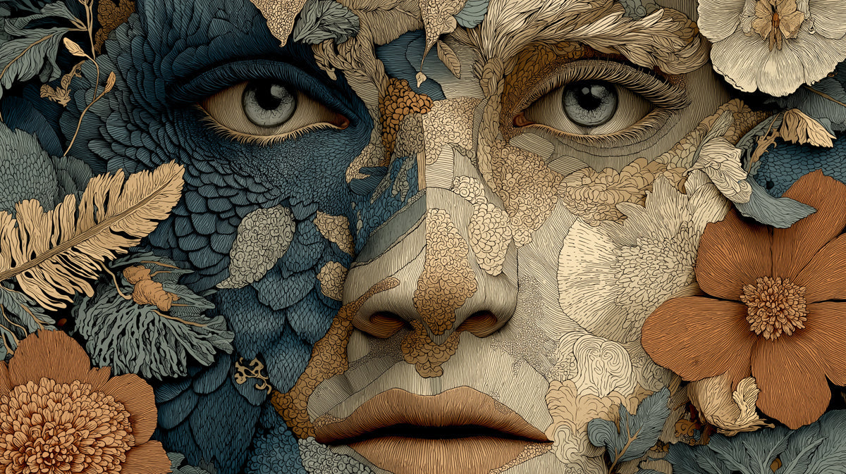 Surreal human face wallpaper pattern with midnight blue feathers and earthy ochre flowers in detailed line art style