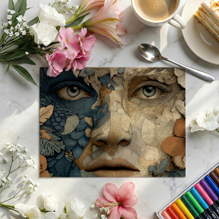 Sophisticated home office wall mural depicting a detailed artistic face emerging from lush floral patterns