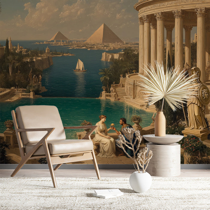 An elegant dining room interior with a serene Mediterranean coastal scene mural creating a luxurious atmosphere.