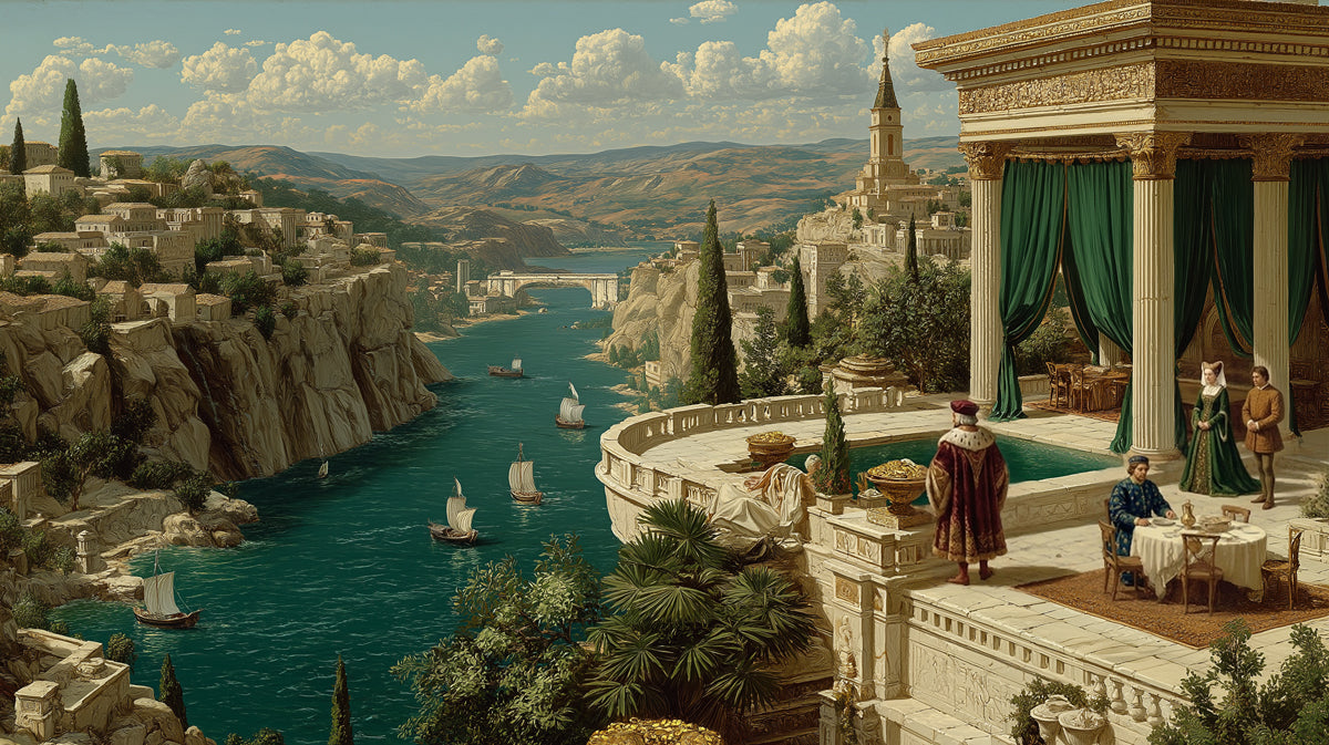 Oil painting style mural of a Mediterranean harbor with stone terraces, emerald drapes, and small sailboats on a teal river.