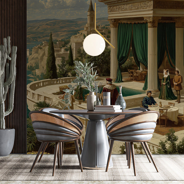 Sophisticated entryway decorated with a Renaissance-inspired landscape mural for an immediate sense of grandeur.