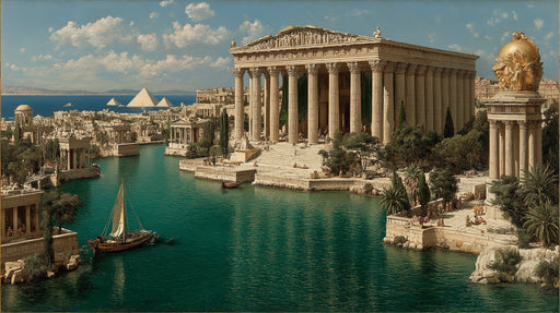 A scenic mural wallpaper depicting an ancient Greek harbor with marble temples, turquoise waters, and a sailing ship.
