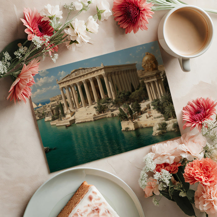An elegant home study or library wall decorated with a scenic harbor mural to provide an inspiring backdrop.