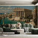 A luxury hotel lounge area showcasing an expansive, painterly landscape mural of an ancient Mediterranean port.