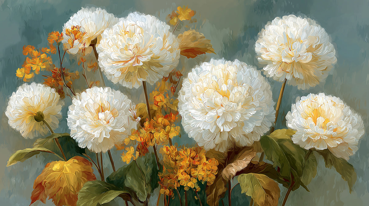 White chrysanthemum flowers with ochre centers against a textured slate blue painterly background.