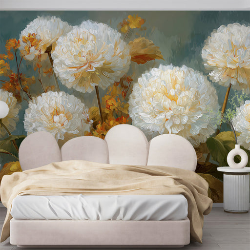 A bright dining room featuring a floral accent wall with white and gold chrysanthemums.