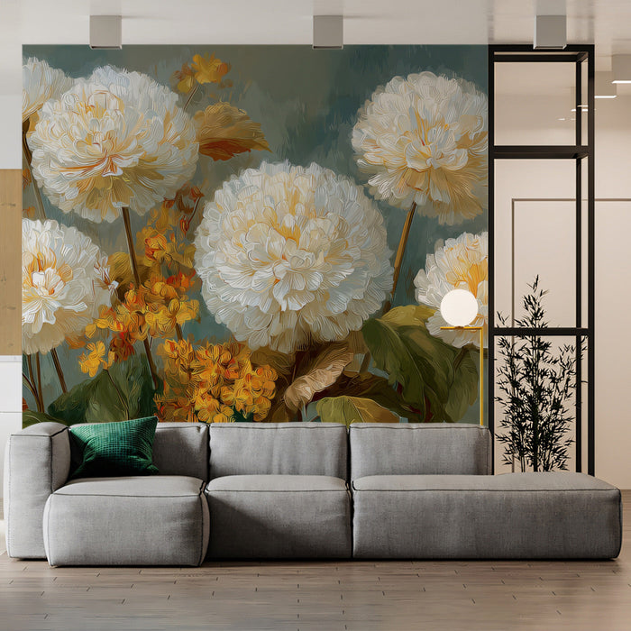 A cozy bedroom featuring a floral chrysanthemum mural wall behind a cream upholstered headboard.