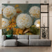 A cozy bedroom featuring a floral chrysanthemum mural wall behind a cream upholstered headboard.