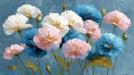 Impressionistic oil painting style wallpaper with blush pink, white, and blue flowers on a dusty blue background