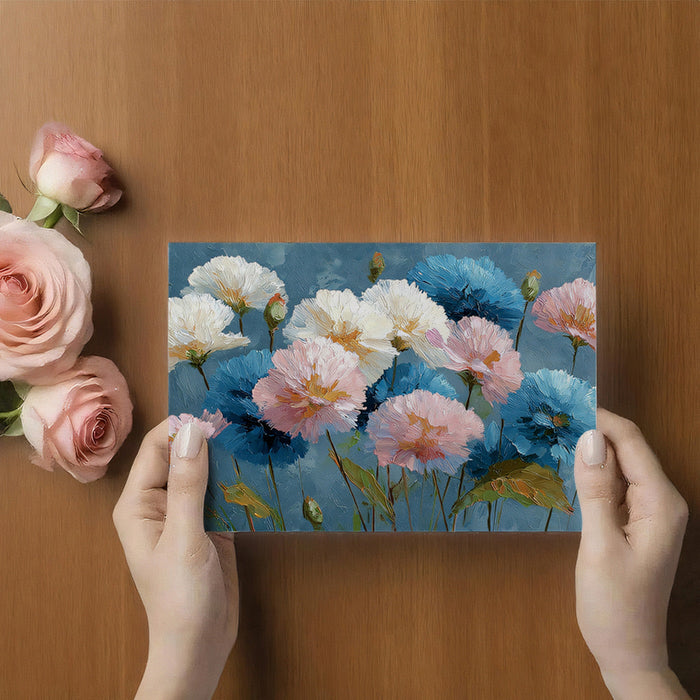 Living room wall featuring blue and pink painterly floral wallpaper