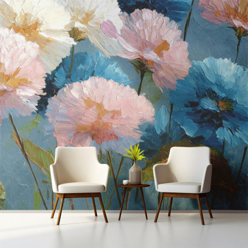 Close up of floral mural in a serene bedroom setting with linen bedding